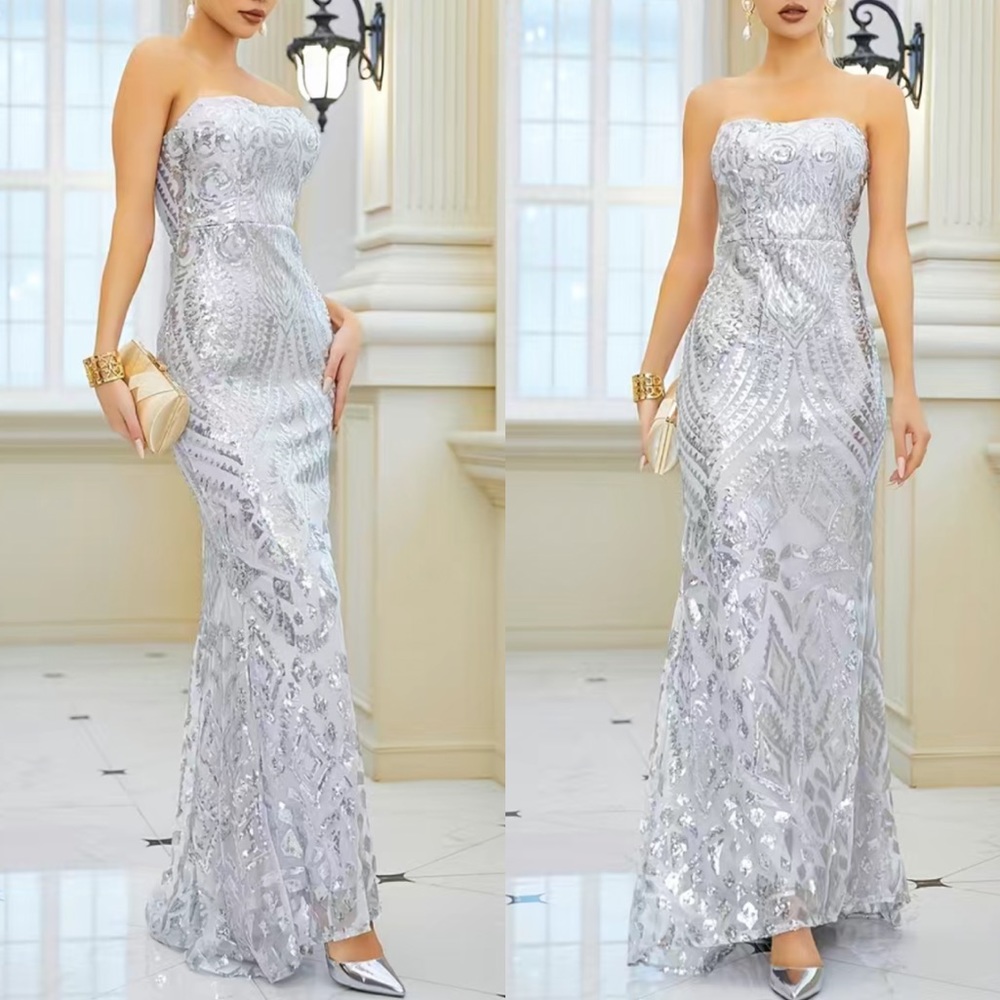 Luxe party cocktail prom wedding sequins tube gown dress